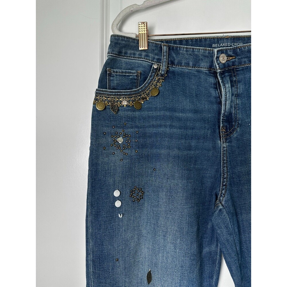 Chico's Relaxed Crop Jeans Blue Embellished Beaded Cropped Denim Size 1.5 US 10 - Picture 5 of 8
